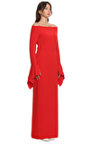 Resim Kırmızı Uzun Kol Dik Yaka Maksi Boy Uzun Elbise
