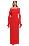 Resim Kırmızı Uzun Kol Dik Yaka Maksi Boy Uzun Elbise