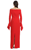 Resim Kırmızı Uzun Kol Dik Yaka Maksi Boy Uzun Elbise