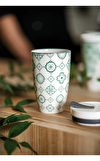 Resim Coffee To Go Yeşil Desenli Kapaklı Porselen Kupa 0,35L