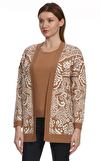 Resim Bej Etnik Desenli Uzun Kol V Yaka Triko Kadın Hırka ve Bluz Seti