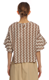 Resim Kahverengi Zikzak Desenli Kısa Kol Yuvarlak Yaka Bluz