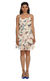 Resim Bej Çiçek Desenli Askılı Kare Yaka Mini Boy Elbise