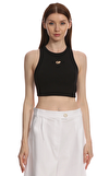 Resim Siyah Marka Logolu Sıfır Kol Halter Yaka Pamuk Crop Top