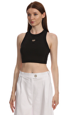Resim Siyah Marka Logolu Sıfır Kol Halter Yaka Pamuk Crop Top