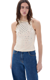 Resim Krem Rengi Pul İşlemeli Kolsuz Halter Yaka Bluz