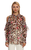 Resim Çok Renkli Leopar Desenli Balon Kol Hakim Yaka Saten Bluz