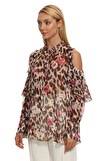 Resim Çok Renkli Leopar Desenli Balon Kol Hakim Yaka Saten Bluz