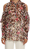 Resim Çok Renkli Leopar Desenli Balon Kol Hakim Yaka Saten Bluz