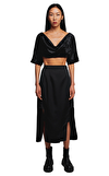 Resim Siyah Yırtmaç Detaylı Normal Bel Midi Etek