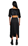 Resim Siyah Yırtmaç Detaylı Normal Bel Midi Etek