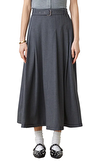 Resim Gri Kemer Detaylı Normal Bel Midi Etek