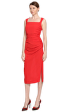 Resim Kırmızı Büzgü Detaylı Askılı Kare Yaka Midi Boy Elbise
