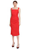 Resim Kırmızı Büzgü Detaylı Askılı Kare Yaka Midi Boy Elbise