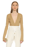 Resim Altın Rengi Uzun Kol V Yaka Pamuklu Body