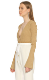 Resim Altın Rengi Uzun Kol V Yaka Pamuklu Body
