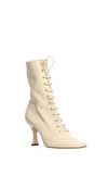 Resim Krem Deri Bağcıklı Topuklu Kadın Bot