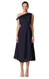 Resim Lacivert Askılı Asimetrik Yaka Midi Boy Elbise