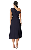 Resim Lacivert Askılı Asimetrik Yaka Midi Boy Elbise