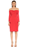 Resim Kırmızı Uzun Kol Kayık Yaka Mini Boy Elbise