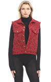Resim Kırmızı Leopar Desenli Kolsuz Gömlek Yaka Pamuk Yelek