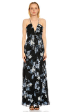 Resim Siyah Çiçek Desenli Kolsuz V Yaka Maksi Gece Elbisesi