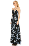 Resim Siyah Çiçek Desenli Kolsuz V Yaka Maksi Gece Elbisesi