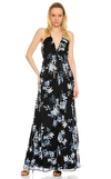 Resim Siyah Çiçek Desenli Kolsuz V Yaka Maksi Gece Elbisesi