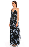 Resim Siyah Çiçek Desenli Kolsuz V Yaka Maksi Gece Elbisesi