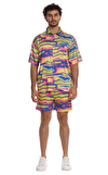 Resim Çok Renkli Karma Desenli Oversize Fit Kısa Gömlek