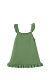 Resim Yeşil Örgülü Askılı Kare Yaka Pamuk Midi Boy Kız Çocuk Elbise