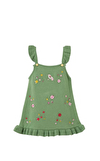 Resim Yeşil Örgülü Askılı Kare Yaka Pamuk Midi Boy Kız Çocuk Elbise