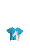 Resim Turkuaz Rengi Unicorn Figürlü Kısa Kollu Bisiklet Yaka Pamuk Çocuk T-Shirt
