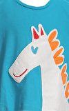 Resim Turkuaz Rengi Unicorn Figürlü Kısa Kollu Bisiklet Yaka Pamuk Çocuk T-Shirt