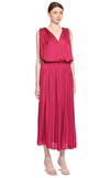 Resim Fuşya Büzgülü Kolsuz V Yaka Midi Boy Elbise
