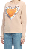 Resim Ten Rengi Kalp Desenli Uzun Kol Sıfır Yaka Pamuklu Sweatshirt