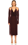 Resim Bordo Uzun Kol Kruvaze Yaka Midi Boy Elbise