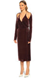 Resim Bordo Uzun Kol Kruvaze Yaka Midi Boy Elbise
