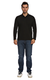 Resim Siyah Polo Yaka Uzun Kollu Pamuk Erkek T-Shirt