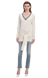 Resim Ekru Örgülü Uzun Kol V Yaka Yünlü Kadın Kazak