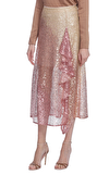 Resim Pembe Pul Payet İşlemeli Yüksek Bel Midi Etek