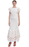 Resim Beyaz Dantelli Juliet Kol Yuvarlak Yaka Pamuklu Maksi Boy Uzun Elbise