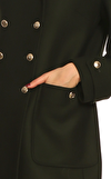 Resim Yeşil Düz Desenli Gold Düğmeli Kruvaze Kaban