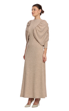 Resim Bej Yarasa Kol Oval Yaka Maksi Boy Elbise