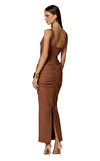 Resim Karamel Rengi Askılı Kare Yaka Maksi Boy Elbise