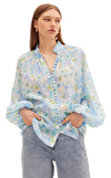 Resim Mavi Çiçek Desenli Balon Kol Hakim Yaka Bluz
