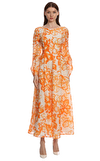 Resim Turuncu Çiçek Desenli Yuvarlak Yaka Maksi Boy Elbise