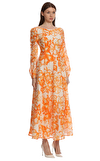 Resim Turuncu Çiçek Desenli Yuvarlak Yaka Maksi Boy Elbise