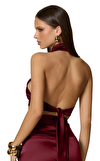 Resim Bordo Sıfır Kol Halter Yaka Crop Top