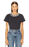 Resim Siyah Taş İşlemeli Kısa Kollu Bisiklet Yaka Pamuklu Kadın T-Shirt